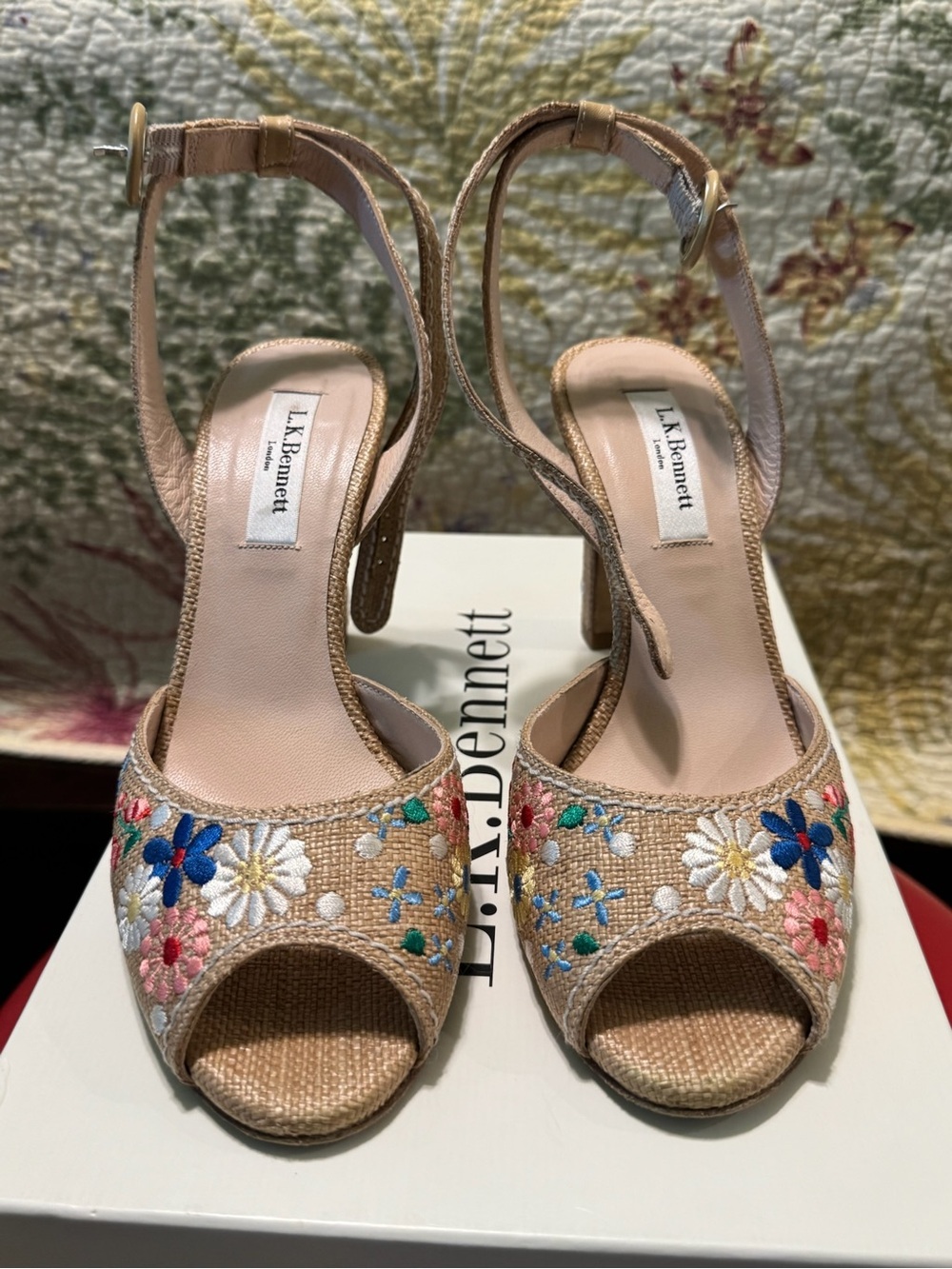 LK Bennett Beige Embroidered Peep-Toe Slingback Heels